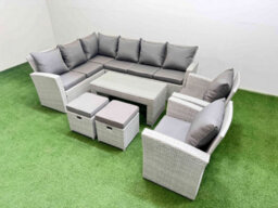 Fimous Rattan Garden Furniture Set Outdoor 10 Seater Corner Sofa Sets With Oblong Coffee Table Chair 2 Small Footstool Light Grey - thumbnail 2