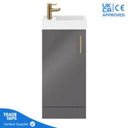GravaHaus Grey Gloss Floor Standing Vanity Unit 400mm With Brushed Brass Tap, Waste & Handle - thumbnail 1