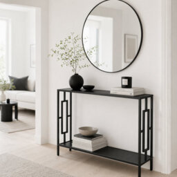Wyld Haus Comi 106Cm Narrow Industrial Console Table Grey Shelves Black Metal Frame With Bottom Shelf
