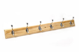 Keypak 6-Hook Wall-Mounted Coat Rack, 68Cm - Pine Wood Effect Board, Polished Chrome Coat Hooks - Fixings Included - thumbnail 1