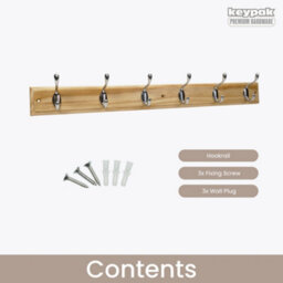 Keypak 6-Hook Wall-Mounted Coat Rack, 68Cm - Pine Wood Effect Board, Polished Chrome Coat Hooks - Fixings Included - thumbnail 4