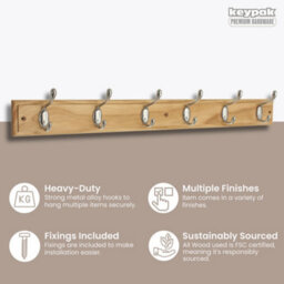 Keypak 6-Hook Wall-Mounted Coat Rack, 68Cm - Pine Wood Effect Board, Polished Chrome Coat Hooks - Fixings Included - thumbnail 2