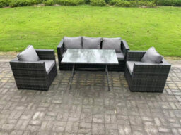 Fimous Wicker Pe Rattan Outdoor Furniture Garden Dining Set With Lounge Sofa Oblong Dining Table 2 Armchairs - thumbnail 2