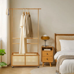 Darphe Freestanding Bamboo Clothes Rack With Wheels Woven Rattan Bottom Storage Basket