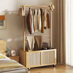 Darphe Freestanding Bamboo Clothes Rack With Wheels Woven Rattan Bottom Storage Basket - thumbnail 2