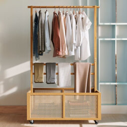 Darphe Freestanding Bamboo Clothes Rack With Wheels Woven Rattan Bottom Storage Basket - thumbnail 3