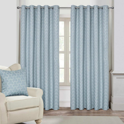"Homescapes Blue Geometric Jacquard Blackout Eyelet Curtain Pair, 90 X 72""" - image 1