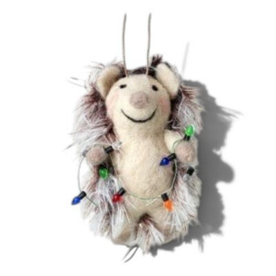 Heaven Sends Christmas Felt Hedgehog Decoration With Multi-Coloured String Lights, 13 X 7.5 Cm