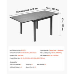 Vevor Expandable Outdoor Patio Dining Table, 80-160Cm Rectangular Backyard Bistro Tables For 4-6, Aluminum Frame - thumbnail 7