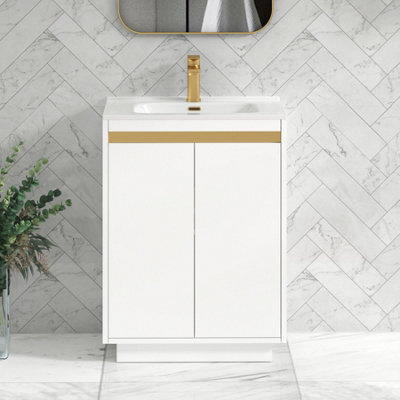 Royal Bathrooms Orion 600mm Matt White 2 Door Floor Standing Vanity Unit With Ceramic Basin & Brushed Brass Strip - image 1