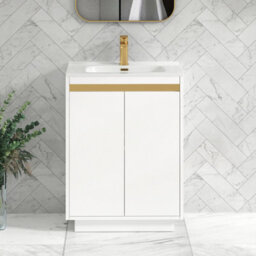 Royal Bathrooms Orion 600mm Matt White 2 Door Floor Standing Vanity Unit With Ceramic Basin & Brushed Brass Strip - thumbnail 2