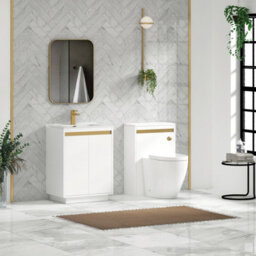 Royal Bathrooms Orion 600mm Matt White 2 Door Floor Standing Vanity Unit With Ceramic Basin & Brushed Brass Strip - thumbnail 3