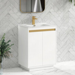 Royal Bathrooms Orion 600mm Matt White 2 Door Floor Standing Vanity Unit With Ceramic Basin & Brushed Brass Strip - thumbnail 5