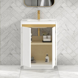 Royal Bathrooms Orion 600mm Matt White 2 Door Floor Standing Vanity Unit With Ceramic Basin & Brushed Brass Strip - thumbnail 4