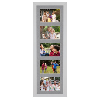 AK Frames 26X8 Silver Modern Multi Photo Frame With Mid Grey Mount - Holds 5 Apertures (5X) 6X4 Photos - image 1