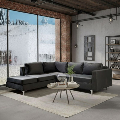 Orlando Velvet Upholstered Corner Sofa With Metal Legs Decorative Cushions Included 2355X212X85Cm Black Left - image 1