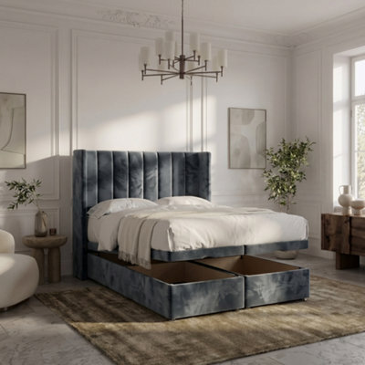 6' Super King - Steel - Modern Line Panel Alpha Bed Frame Plush Velvet With Divan Ottoman Gas Lift Storage - Steel
