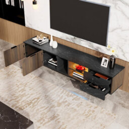 Btm 200Cm Tv Cabinet, Black Marble Look, Dark Wood Doors, Led Lights, 2 Drawers, Robotfriendly - thumbnail 8