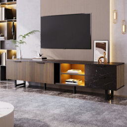 Btm 200Cm Tv Cabinet, Black Marble Look, Dark Wood Doors, Led Lights, 2 Drawers, Robotfriendly - thumbnail 3