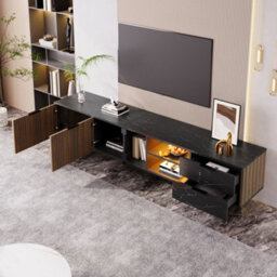 Btm 200Cm Tv Cabinet, Black Marble Look, Dark Wood Doors, Led Lights, 2 Drawers, Robotfriendly - thumbnail 4