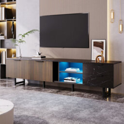 Btm 200Cm Tv Cabinet, Black Marble Look, Dark Wood Doors, Led Lights, 2 Drawers, Robotfriendly - thumbnail 5