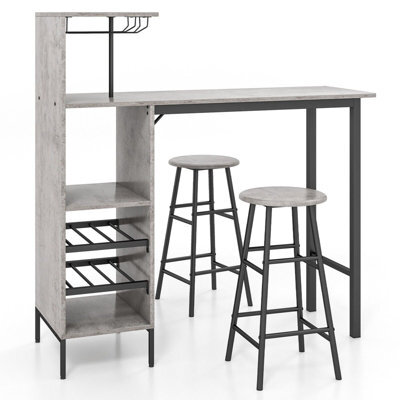 Gainoom Grey Bar Table & 2 Stool Industrial Kitchen Dining Set W/ Wine Rack Glass Holder - image 1
