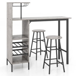 Gainoom Grey Bar Table & 2 Stool Industrial Kitchen Dining Set W/ Wine Rack Glass Holder - thumbnail 1