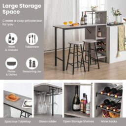 Gainoom Grey Bar Table & 2 Stool Industrial Kitchen Dining Set W/ Wine Rack Glass Holder - thumbnail 5