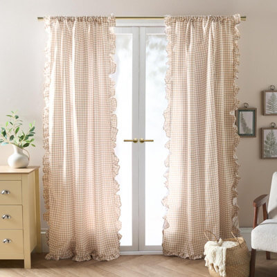 Ohs Gingham Frill Voile Net Curtain Pair Window Panels Slot Top Set - Natural - image 1