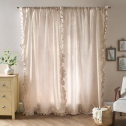 Ohs Gingham Frill Voile Net Curtain Pair Window Panels Slot Top Set - Natural - thumbnail 3
