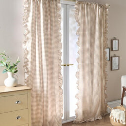 Ohs Gingham Frill Voile Net Curtain Pair Window Panels Slot Top Set - Natural - thumbnail 2