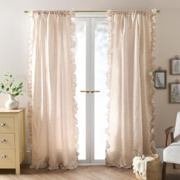 Ohs Gingham Frill Voile Net Curtain Pair Window Panels Slot Top Set - Natural