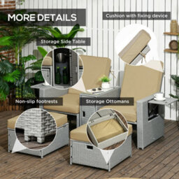 Outsunny Recliner Rattan Sun Lounger W/ Storage Tea Table & Footstools, Beige - thumbnail 7