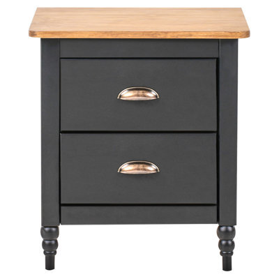 Wyld And Coco Vintage Farmhouse Bedside Table, 2-Drawer Pine Nightstand In Black, Compact Retro Design (W46 X D35 X H52Cm) - image 1
