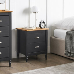 Wyld And Coco Vintage Farmhouse Bedside Table, 2-Drawer Pine Nightstand In Black, Compact Retro Design (W46 X D35 X H52Cm) - thumbnail 2
