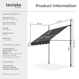 Tectake Awning With Hand Crank - Pressure Fitted , Height Adjustable 150 X 180 Cm - Black/grey - thumbnail 6