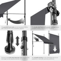 Tectake Awning With Hand Crank - Pressure Fitted , Height Adjustable 150 X 180 Cm - Black/grey - thumbnail 5