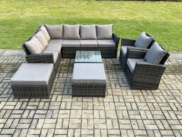 Fimous 10 Seat Rattan Garden Furniture Corner Sofa Set Outdoor Patio Sofa Table Set With 2 Big Footstool Dark Grey Mixed - thumbnail 2