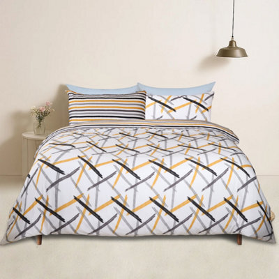 Bedlooms Ochre Stripe Printed Duvet Cover Set, Reversible & Hypoallergenic Bedding Pack, Single 135X200Cm