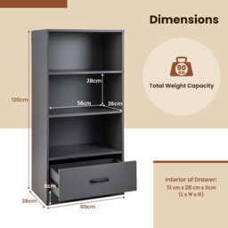 Gainoom 4-Tier Grey Storage Shelf Wood Bookcase Floor Standing Bookshelf - thumbnail 2