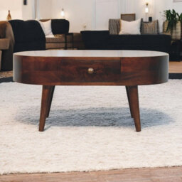 Artisan Furniture Solid Wood  California Walnut Rounded Coffee Table, 2-Drawers, Nordic Legs, Dark Brown