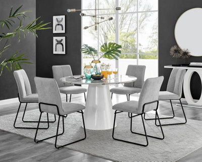 Furniturebox Uk Palma White Marble Effect Round Dining Table & 6 Light Grey Halle Black Leg Chairs - image 1