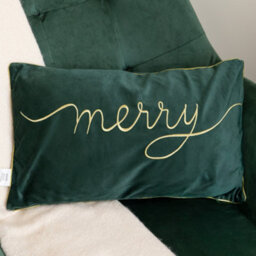Samuel Alexander 49Cm Dark Green Christmas Decorative Merry Cushion With Gold Detail - thumbnail 1