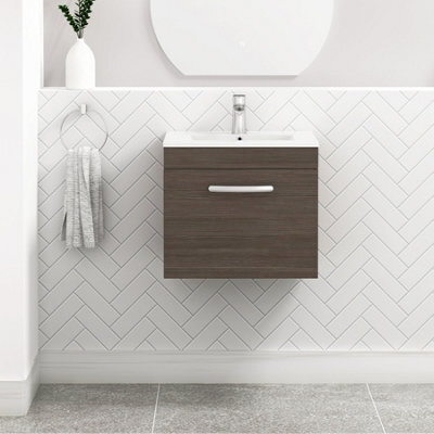 Royal Bathrooms Turin Grey Elm 500mm Wall Hung Vanity Unit 1 Drawer With Minimalist Basin Sink - image 1