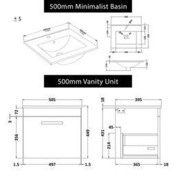 Royal Bathrooms Turin Grey Elm 500mm Wall Hung Vanity Unit 1 Drawer With Minimalist Basin Sink - thumbnail 8