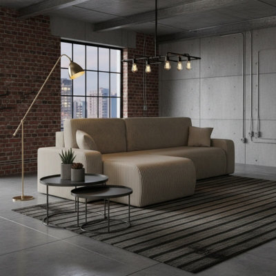 Piano L Shape Corduroy Corner Sofa Bed With Storage Soft Cord Fabric Modern Living Room Settee Stylish Comfortable Beige - image 1