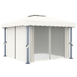 Berkfield Gazebo With Curtain&led String Lights 3X3 M Cream White - thumbnail 5