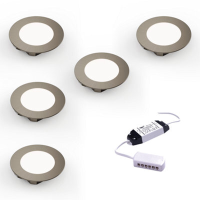 Unknown Fittingsco, Nebbia Recessed Diffused Led Undercabinet Light, Brushed Nickel 65mm 1.8W 12V, 5 Light Kit & Driver, Warm White - image 1