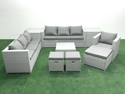 Fimous Wicker Pe Rattan Sofa Garden Furniture Set Armchair Square Coffee Table 3 Stools 2 Side Tables Light Grey - image 1