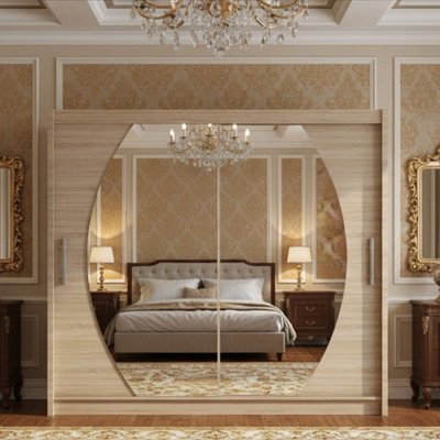 Bega Iv 180 Sliding Door Wardrobe Modern Bedroom Storage With Mirror Hanging Rail And Shelves In Sonoma - image 1